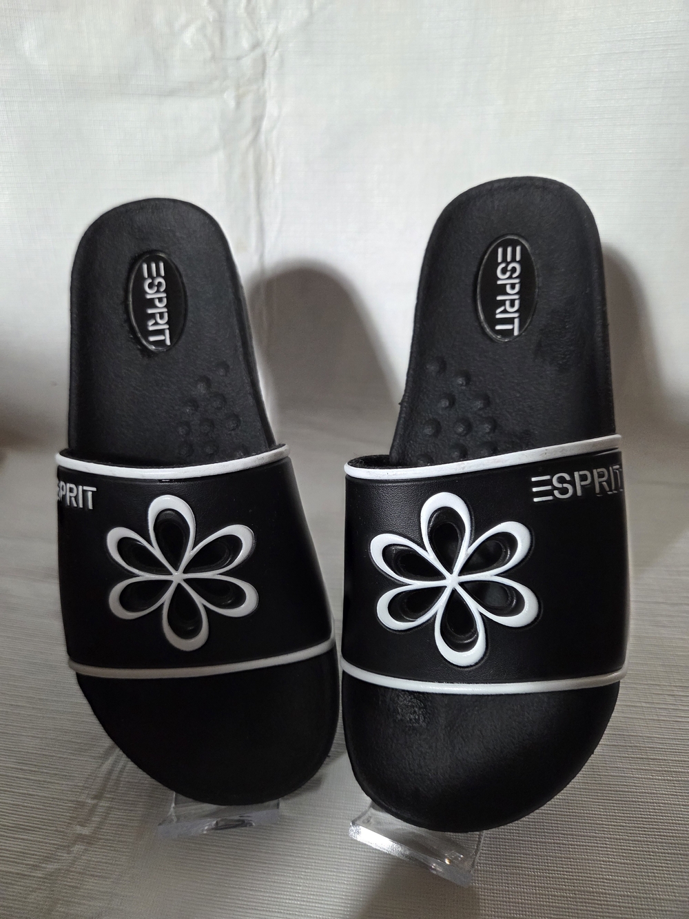 Esprit Black Slide Sandals with White Flower Accent